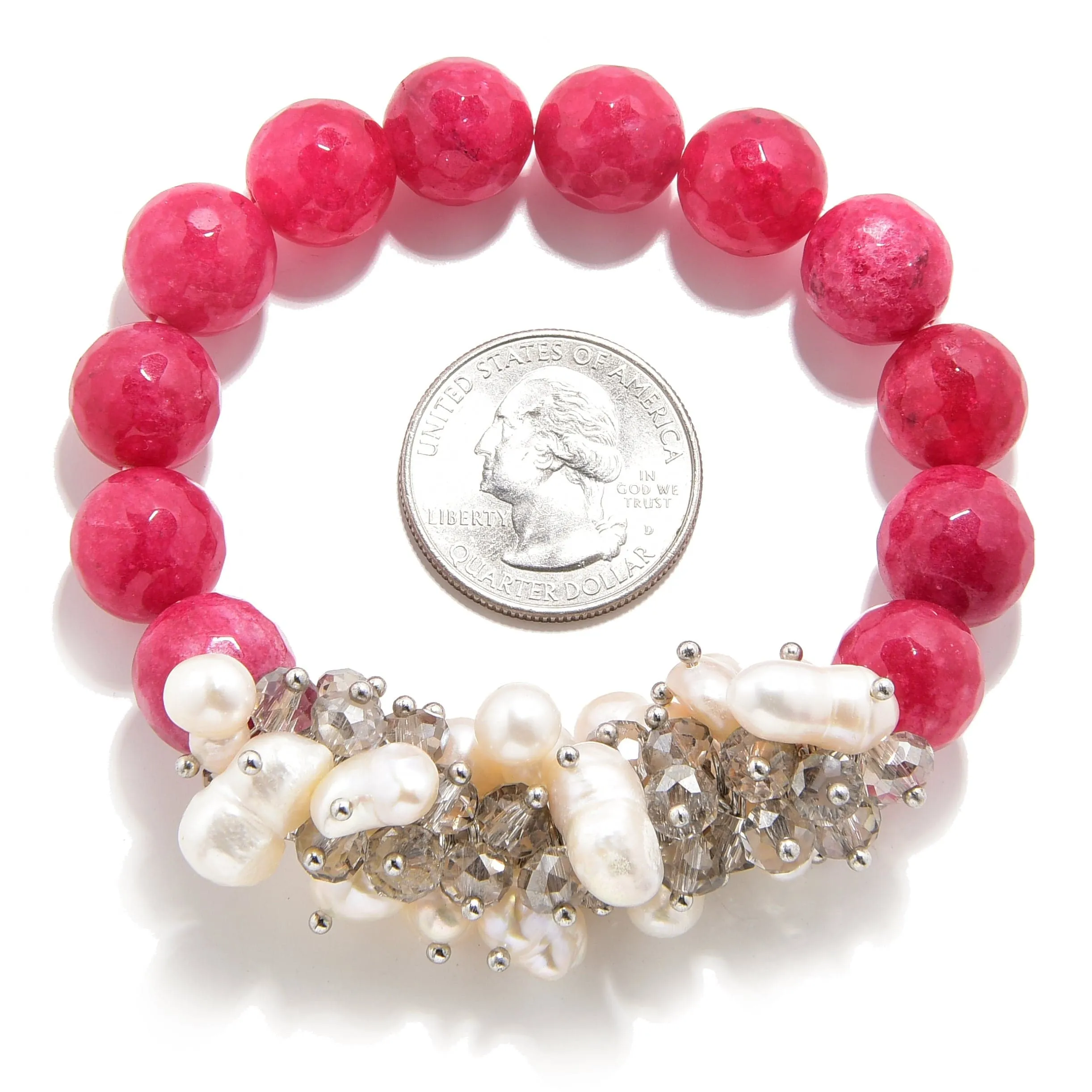 Faceted Pink Agate & Freshwater Pearls 12mm Gemstone Bead Elastic Bracelet