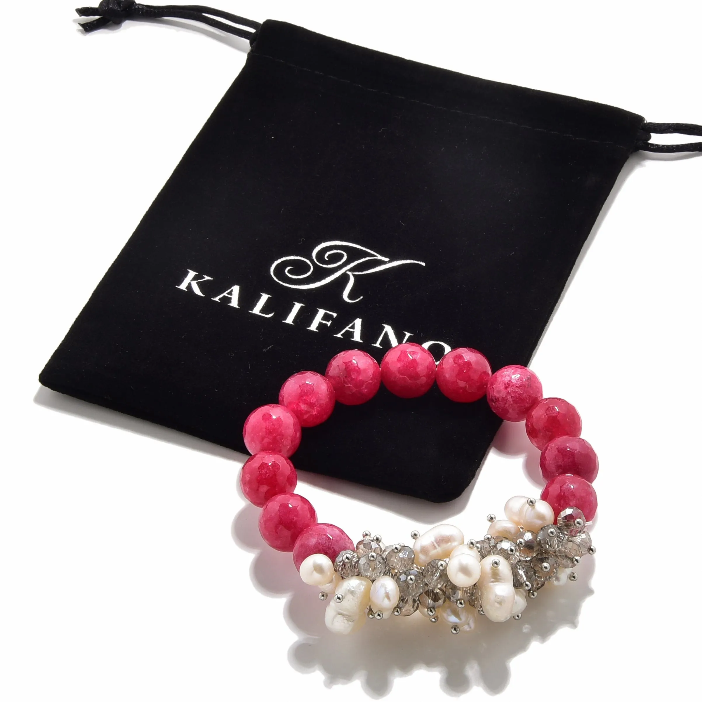 Faceted Pink Agate & Freshwater Pearls 12mm Gemstone Bead Elastic Bracelet