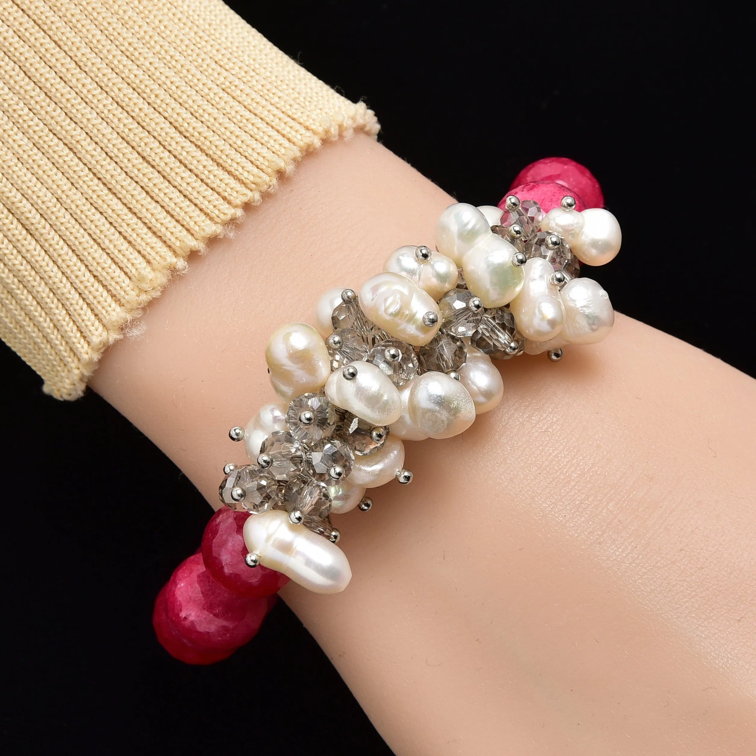 Faceted Pink Agate & Freshwater Pearls 12mm Gemstone Bead Elastic Bracelet
