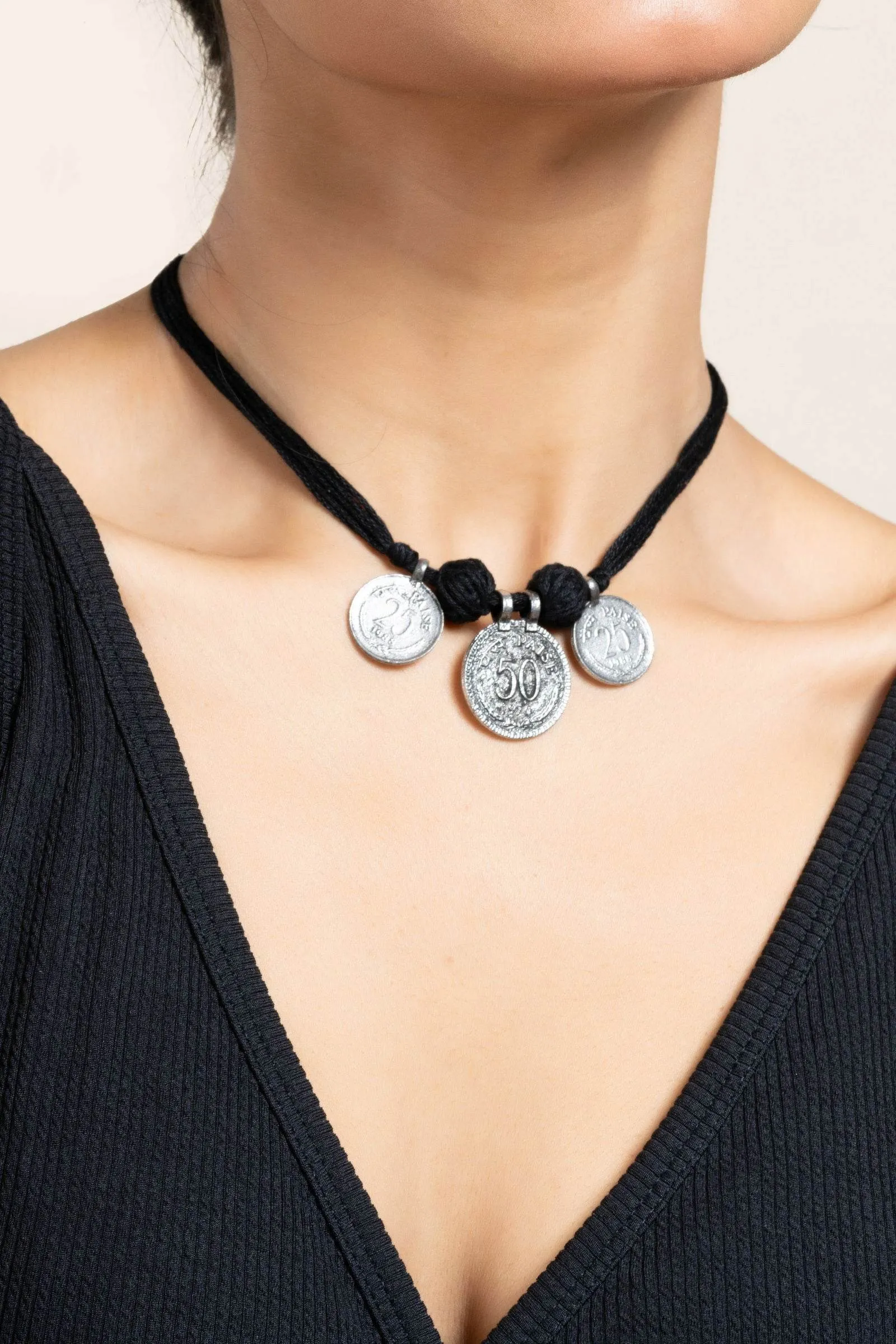 Handcrafted German Silver Jewelry Neckpiece with Adjustable Black Cotton Dori