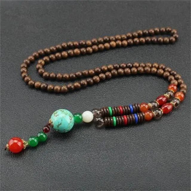 Handmade Necklace Nepal Buddhist Mala Wood Beads Pendant