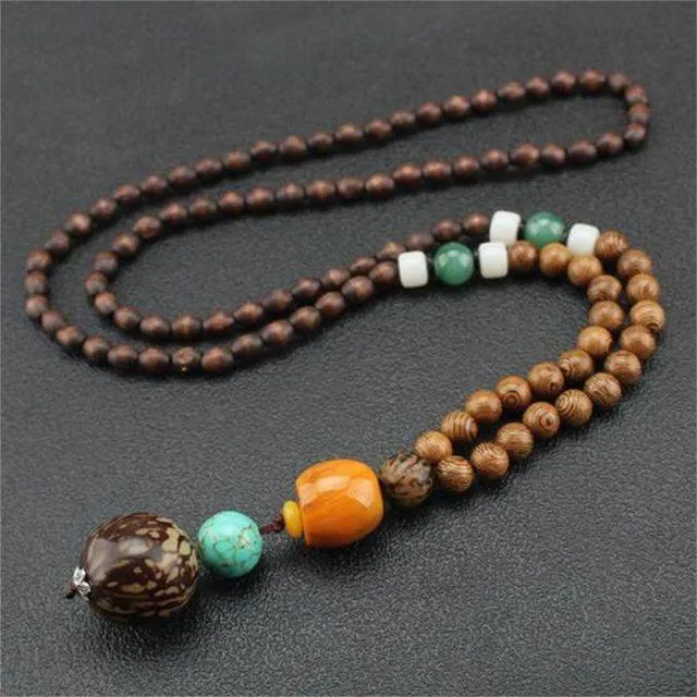 Handmade Necklace Nepal Buddhist Mala Wood Beads Pendant