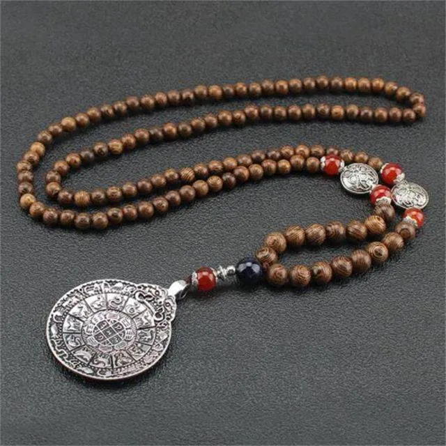 Handmade Necklace Nepal Buddhist Mala Wood Beads Pendant