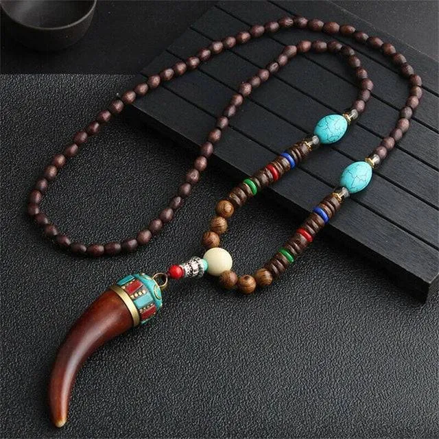 Handmade Necklace Nepal Buddhist Mala Wood Beads Pendant