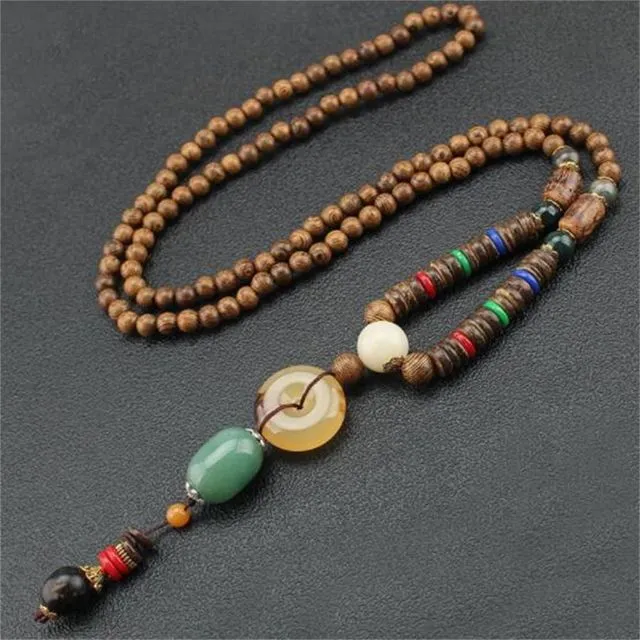Handmade Necklace Nepal Buddhist Mala Wood Beads Pendant