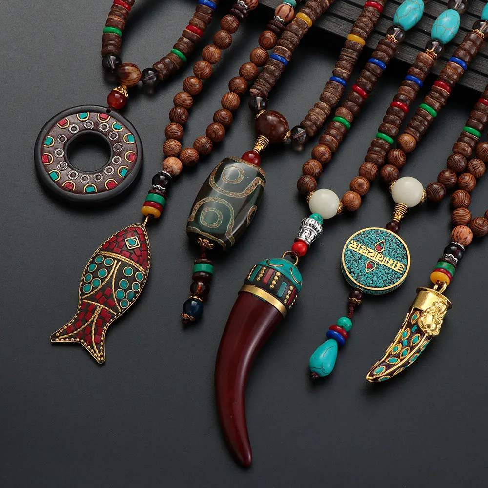 Handmade Necklace Nepal Buddhist Mala Wood Beads Pendant