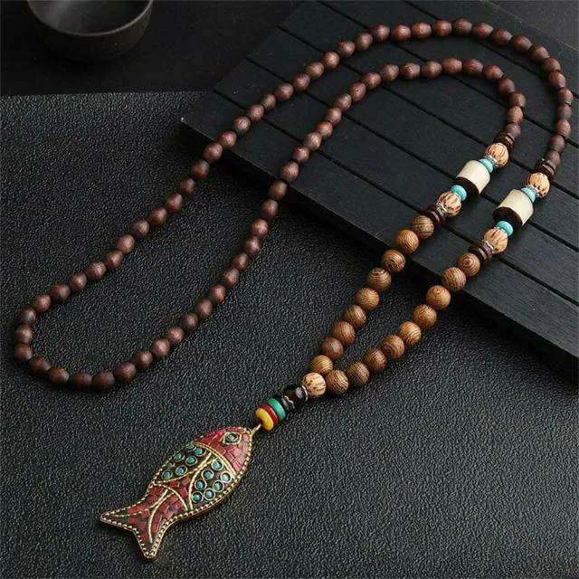 Handmade Necklace Nepal Buddhist Mala Wood Beads Pendant
