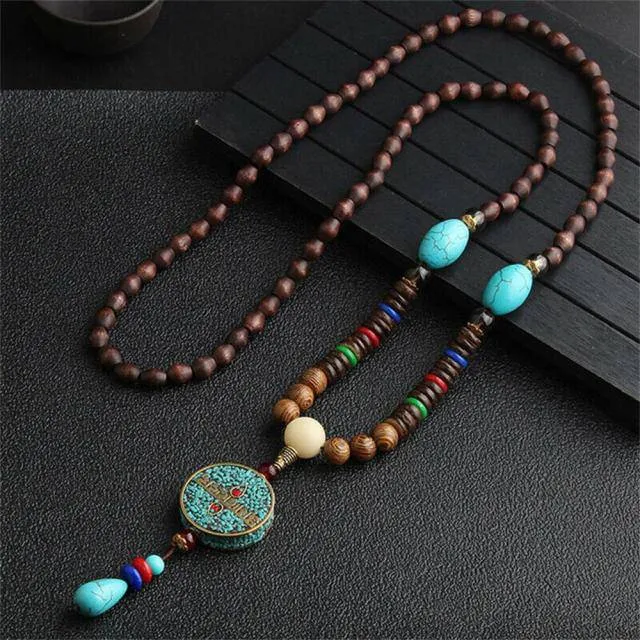 Handmade Necklace Nepal Buddhist Mala Wood Beads Pendant