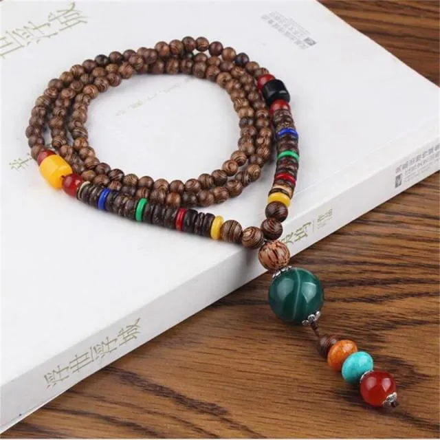 Handmade Necklace Nepal Buddhist Mala Wood Beads Pendant