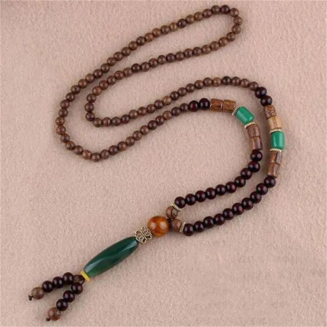 Handmade Necklace Nepal Buddhist Mala Wood Beads Pendant