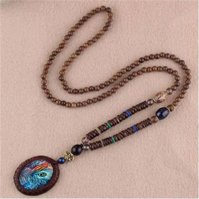 Handmade Necklace Nepal Buddhist Mala Wood Beads Pendant