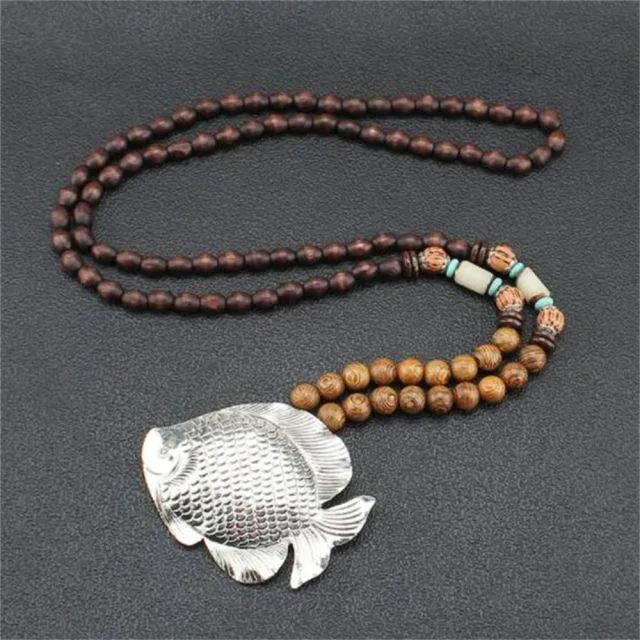 Handmade Necklace Nepal Buddhist Mala Wood Beads Pendant