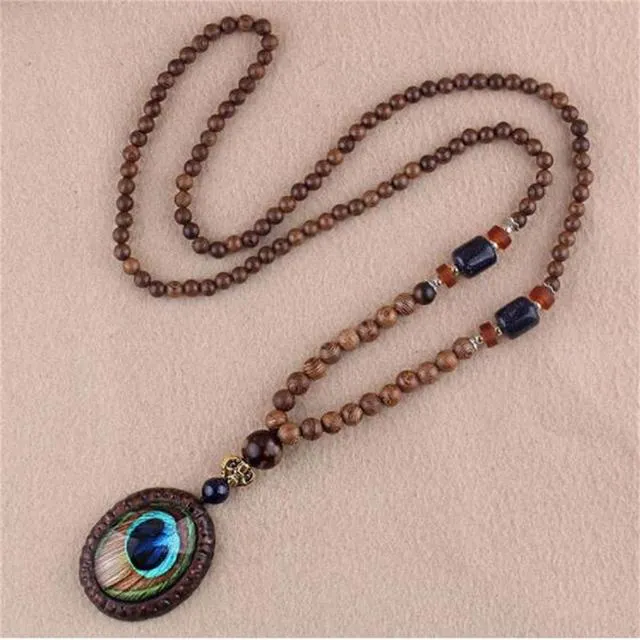 Handmade Necklace Nepal Buddhist Mala Wood Beads Pendant