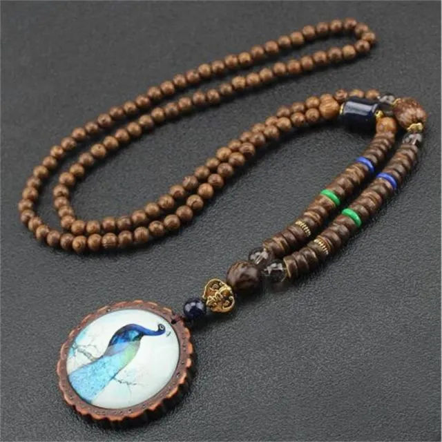 Handmade Necklace Nepal Buddhist Mala Wood Beads Pendant
