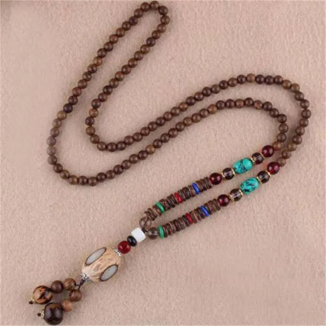 Handmade Necklace Nepal Buddhist Mala Wood Beads Pendant