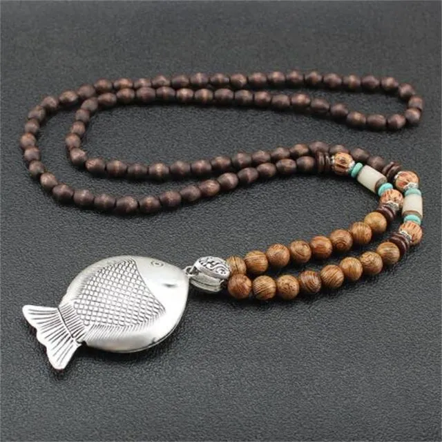 Handmade Necklace Nepal Buddhist Mala Wood Beads Pendant