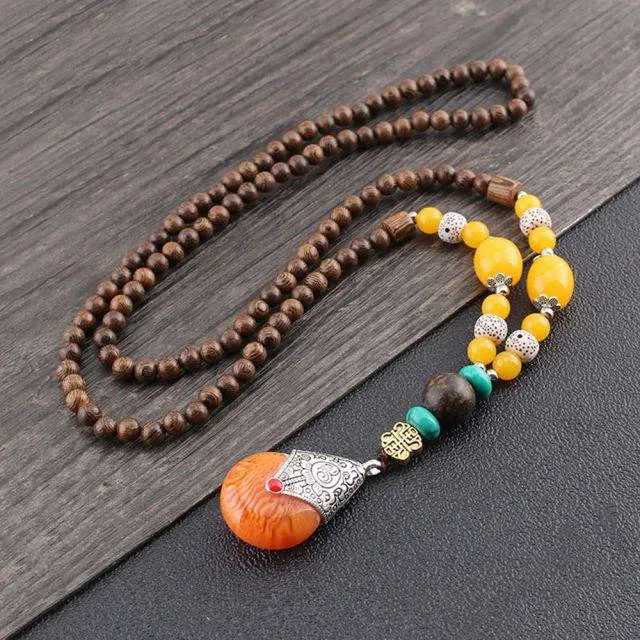 Handmade Necklace Nepal Buddhist Mala Wood Beads Pendant