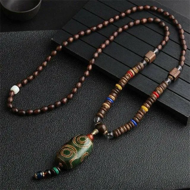 Handmade Necklace Nepal Buddhist Mala Wood Beads Pendant