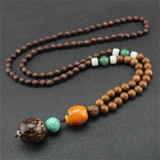 Handmade Necklace Nepal Buddhist Mala Wood Beads Pendant