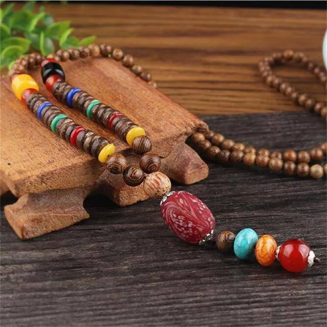 Handmade Necklace Nepal Buddhist Mala Wood Beads Pendant