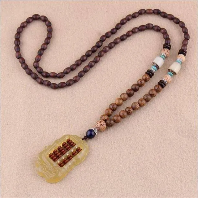 Handmade Necklace Nepal Buddhist Mala Wood Beads Pendant