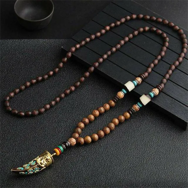 Handmade Necklace Nepal Buddhist Mala Wood Beads Pendant