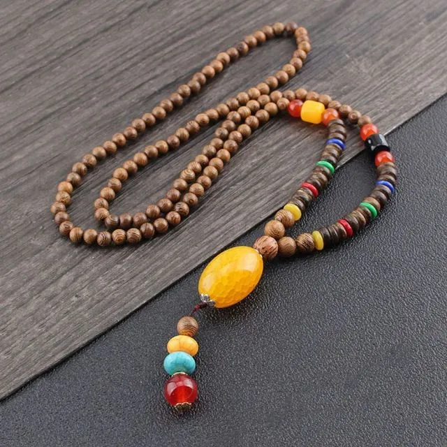 Handmade Necklace Nepal Buddhist Mala Wood Beads Pendant
