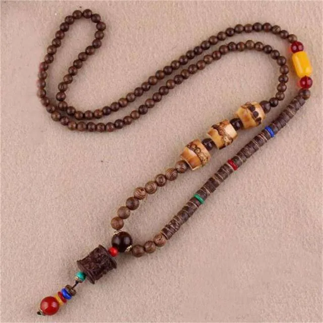 Handmade Necklace Nepal Buddhist Mala Wood Beads Pendant