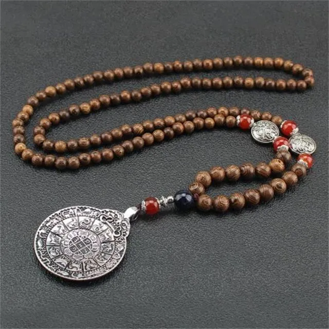 Handmade Necklace Nepal Buddhist Mala Wood Beads Pendant