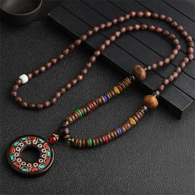 Handmade Necklace Nepal Buddhist Mala Wood Beads Pendant