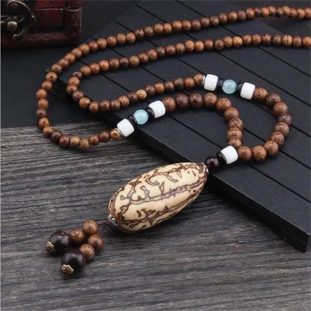 Handmade Necklace Nepal Buddhist Mala Wood Beads Pendant