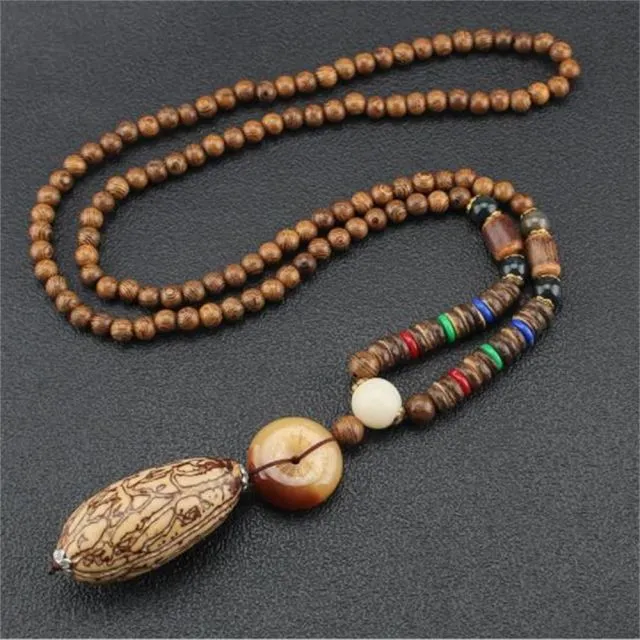 Handmade Necklace Nepal Buddhist Mala Wood Beads Pendant
