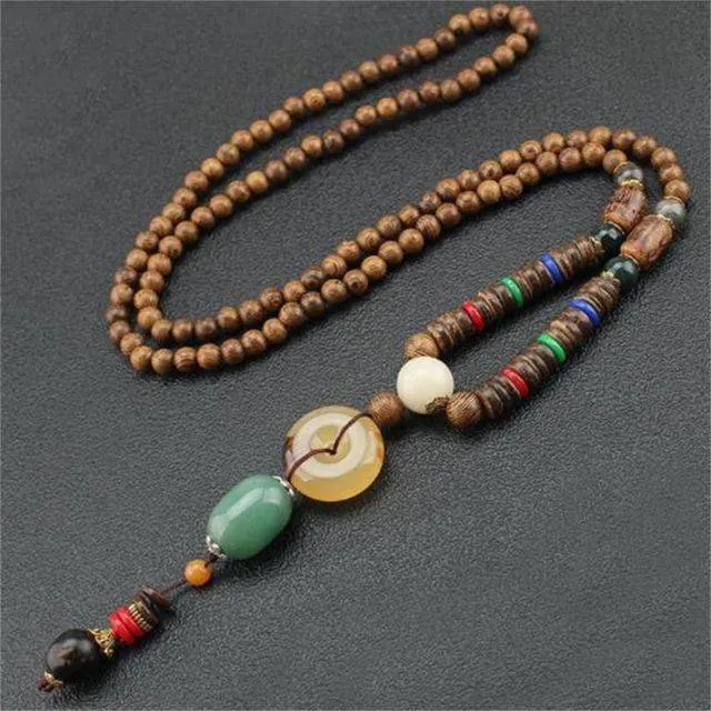 Handmade Necklace Nepal Buddhist Mala Wood Beads Pendant
