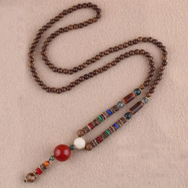 Handmade Necklace Nepal Buddhist Mala Wood Beads Pendant