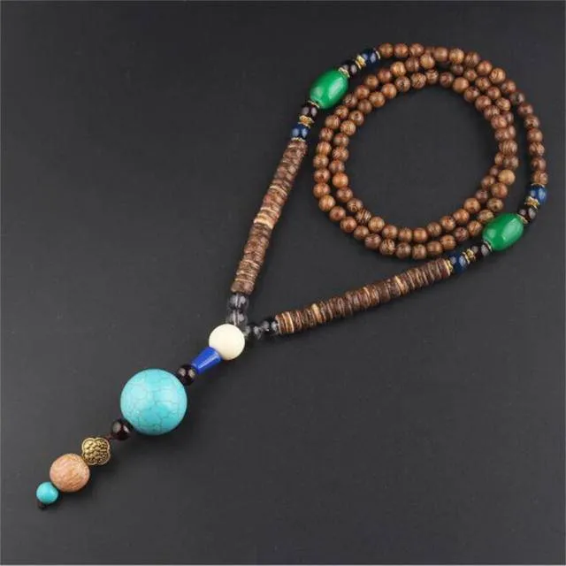 Handmade Necklace Nepal Buddhist Mala Wood Beads Pendant