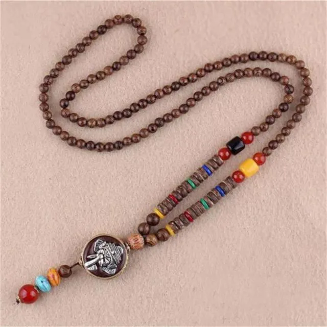 Handmade Necklace Nepal Buddhist Mala Wood Beads Pendant