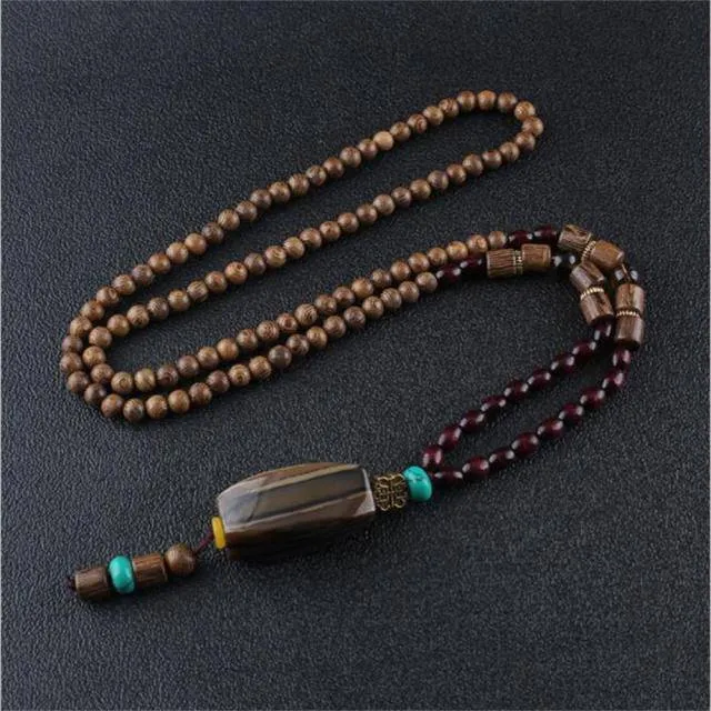 Handmade Necklace Nepal Buddhist Mala Wood Beads Pendant