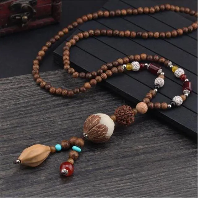Handmade Necklace Nepal Buddhist Mala Wood Beads Pendant