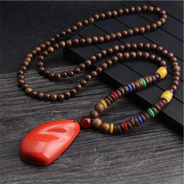 Handmade Necklace Nepal Buddhist Mala Wood Beads Pendant
