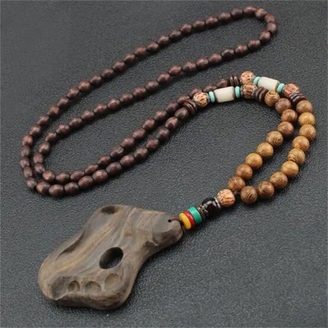 Handmade Necklace Nepal Buddhist Mala Wood Beads Pendant
