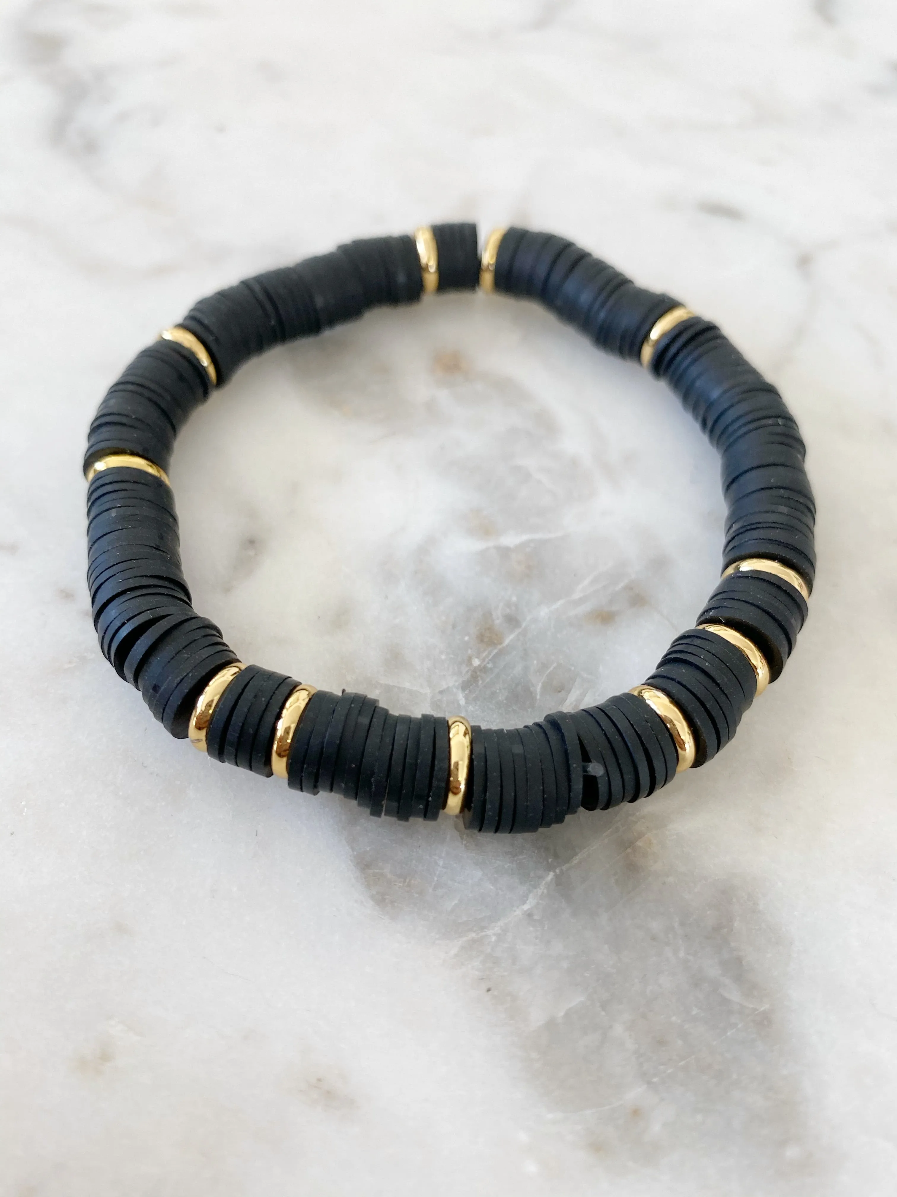 Heishi Color Pop Bracelet Black Gold Discs 