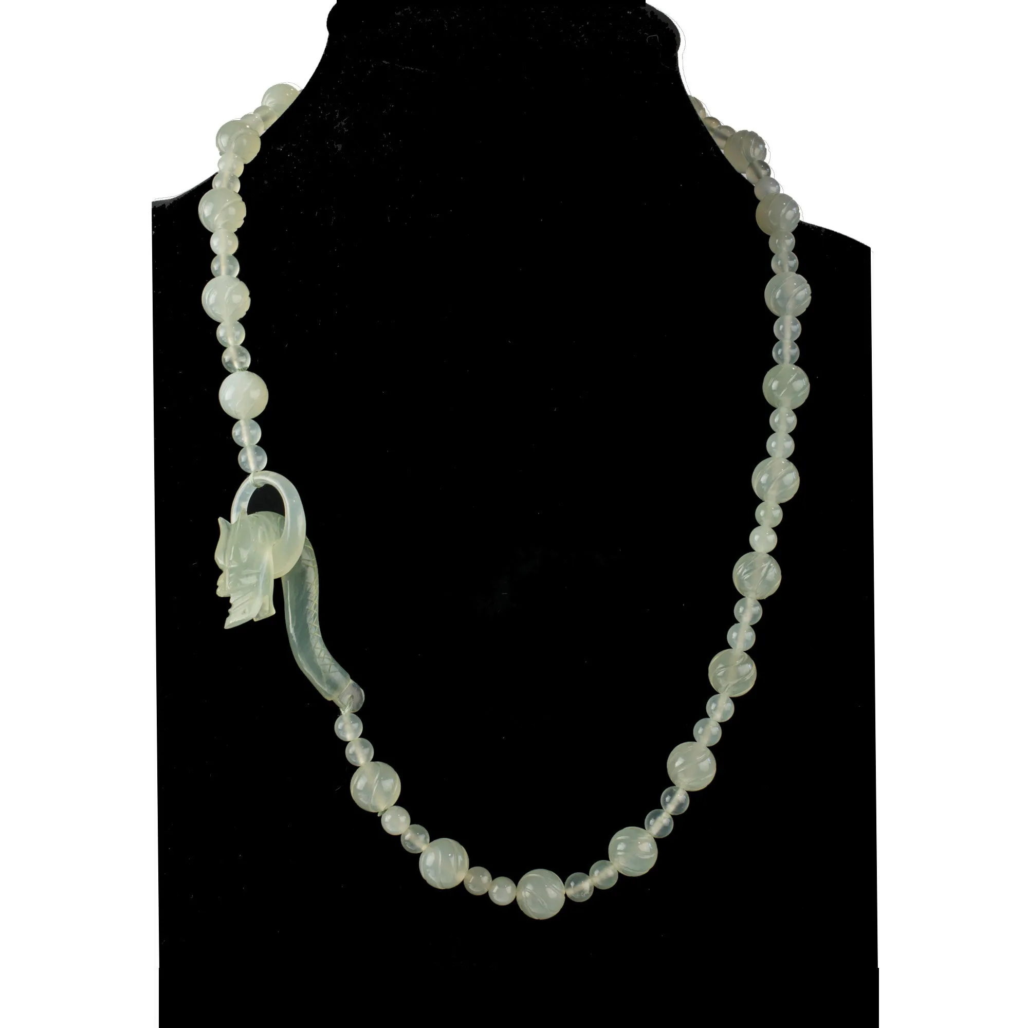Hsiu Jade Serpentine carved Dragon clasp necklace. China. 1970s.  24 inches. nlor846