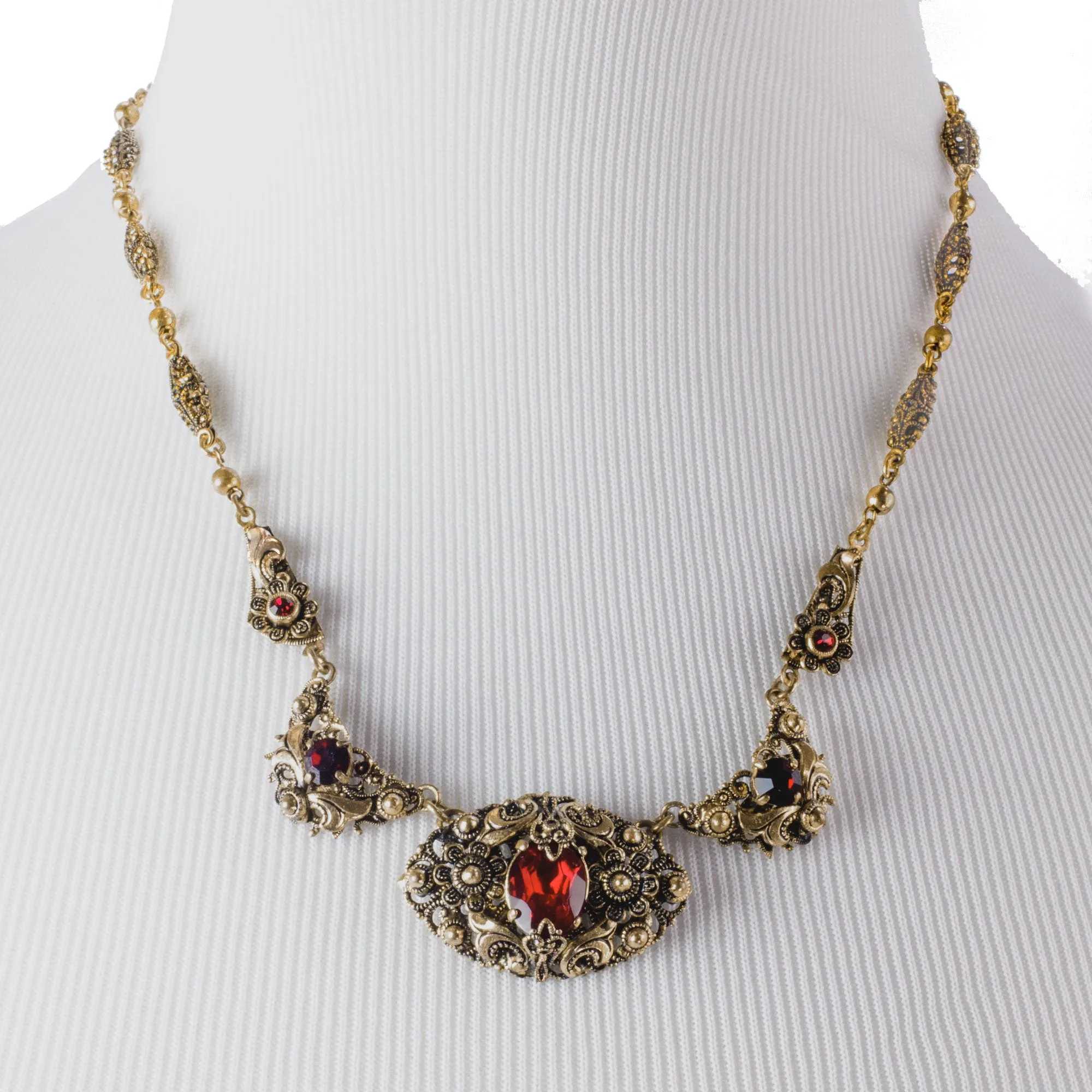 Layered Brass, Red Glass Necklace, 20th century. j-nled500