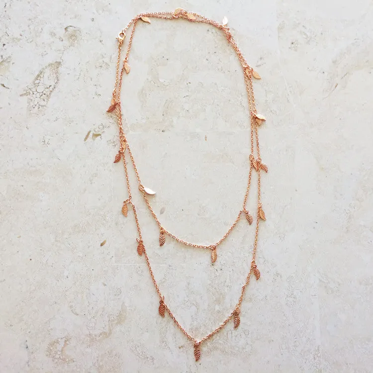 Leaf Necklace Long Rose Gold
