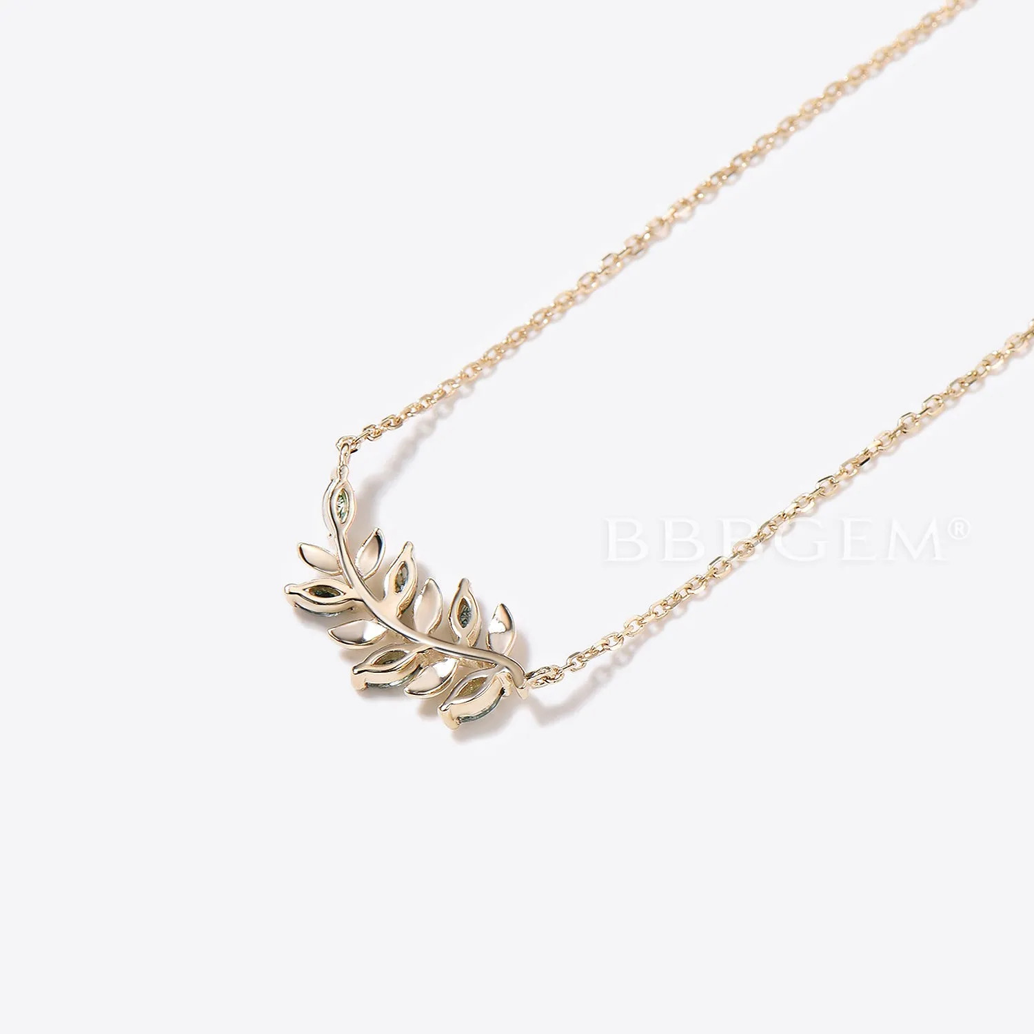 Marquise Natural Moss Agate Leaf Necklace 14k Gold Green Agate Pendant