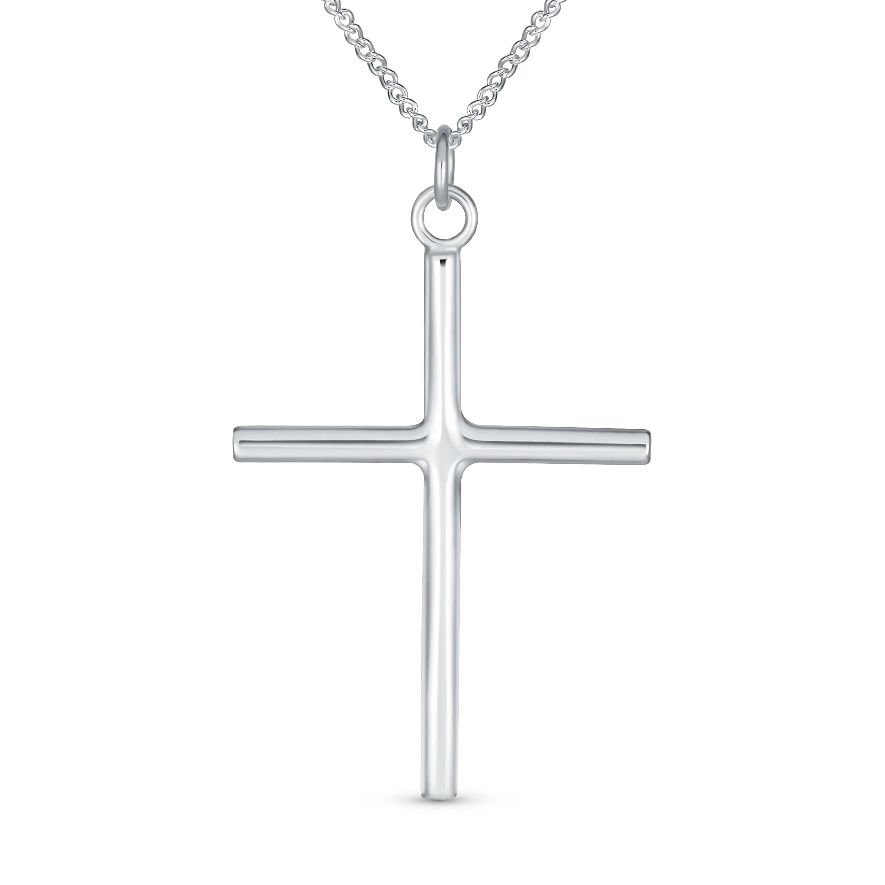 Minimalist Large Tube Cross Pendant Necklace for Teens in Polished Sterling Silver