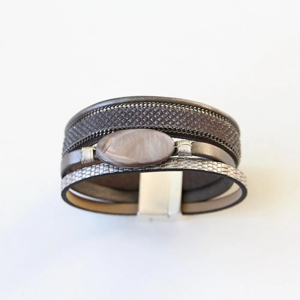 MULTI STRAND TEXTURED LEATHER WITH OVAL ABALONE BRACELET