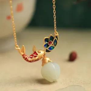Natural hotan jade necklaces enamel fish-shaped lotus ancient gold craft pendant