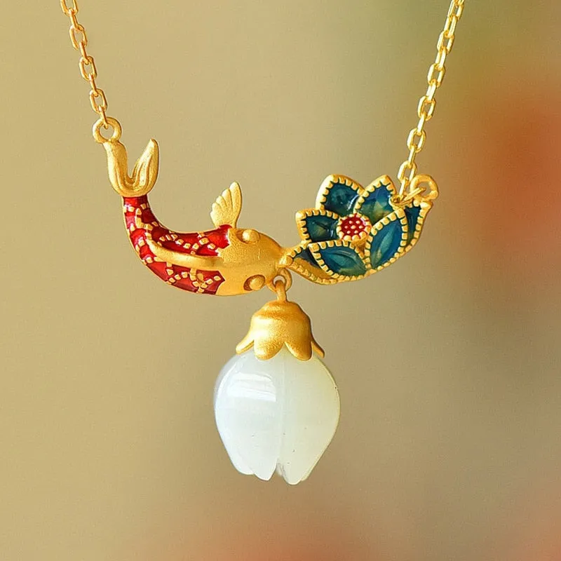 Natural hotan jade necklaces enamel fish-shaped lotus ancient gold craft pendant