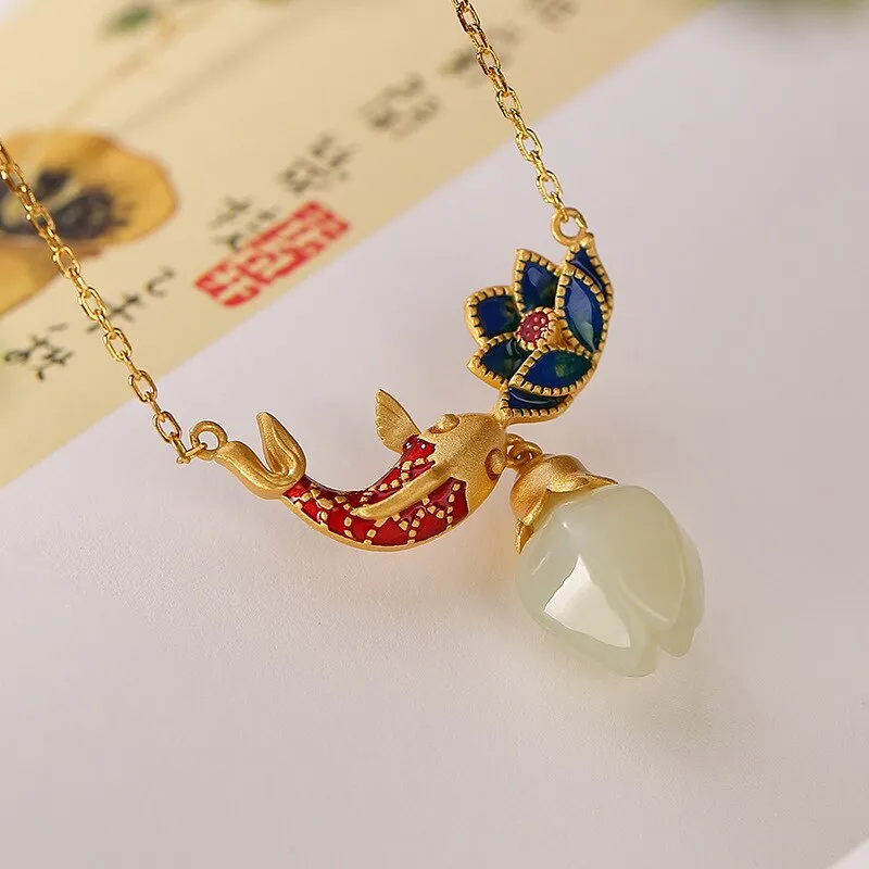 Natural hotan jade necklaces enamel fish-shaped lotus ancient gold craft pendant